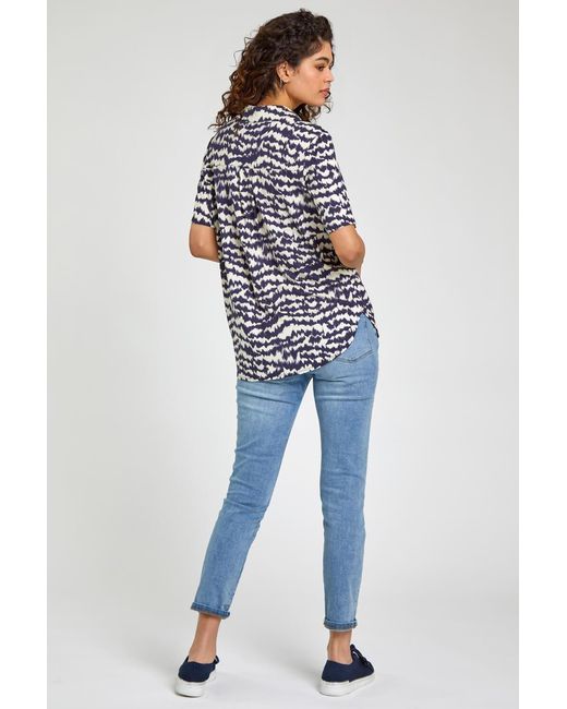Roman Blue Abstract Print V-Neck Jersey Top