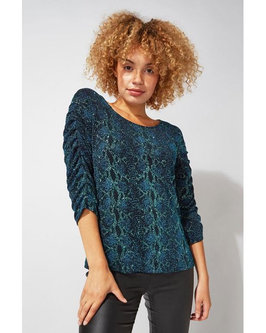 Roman Blue Pleat Sleeve Snake Print Sparkle Top