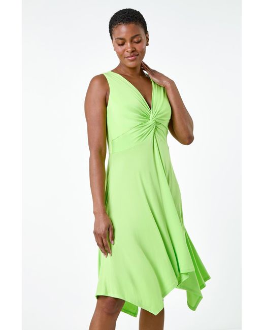Roman Green Twist Front Hanky Hem Stretch Dress