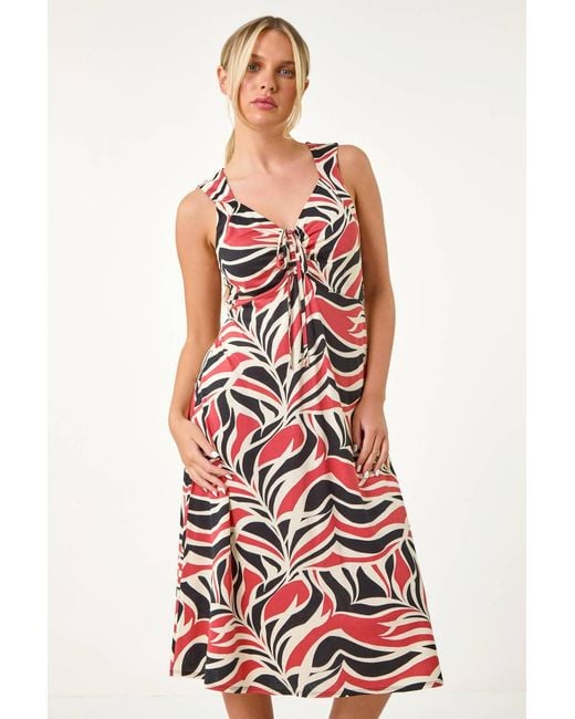 Roman Petite Red Abstract Print Ruched Midi Dress