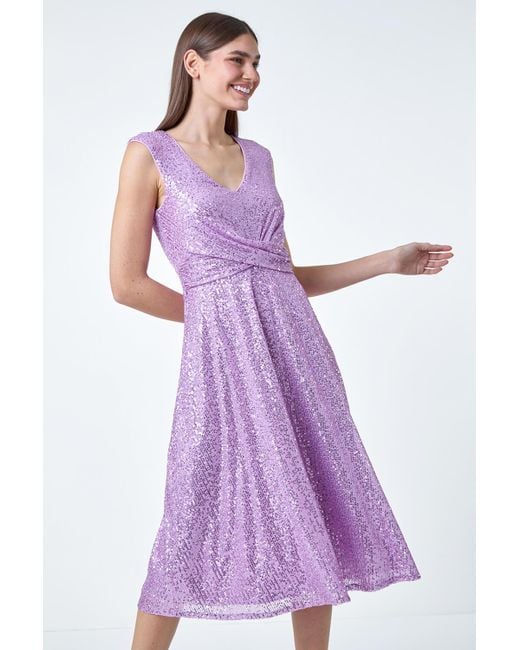 Roman Purple Sequin Wrap Detail Midi Dress