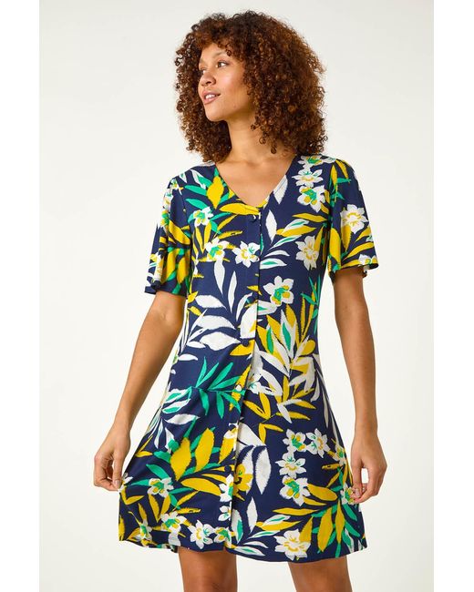 Roman Green Leaf Button Detail Tea Dress