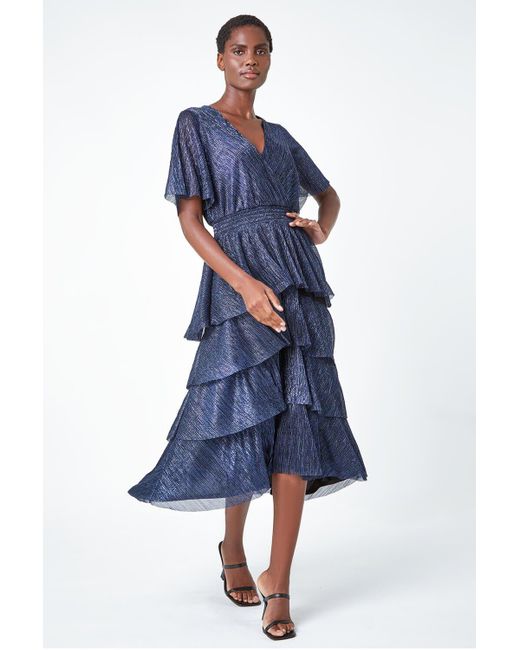 Roman Blue Shimmer Chiffon Tiered Midi Dress