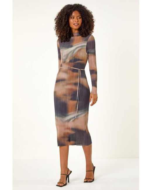 D.u.s.k Blue Abstract Plisse Stretch Mesh Midi Dress