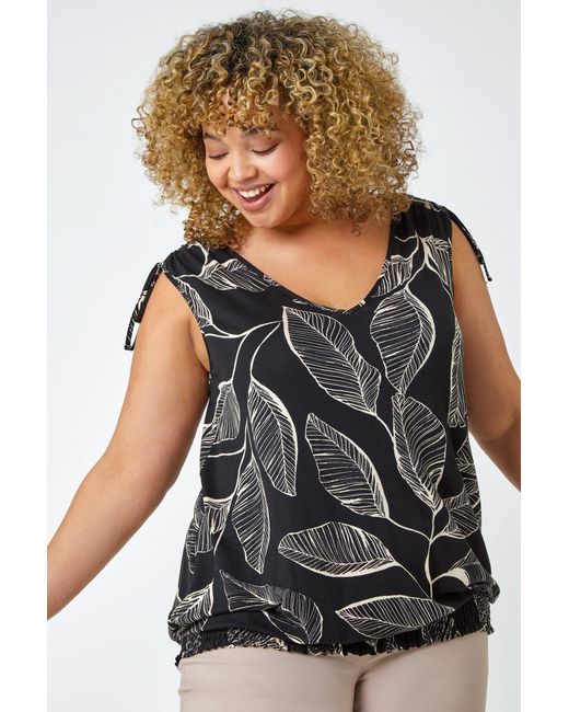 Roman Curve Black Leaf Print V-Neck Blouson Top
