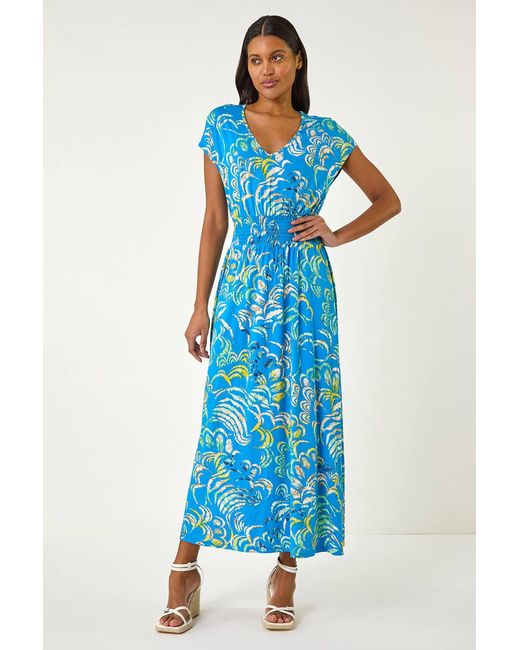 Roman Blue Abstract Ruched Maxi Dress