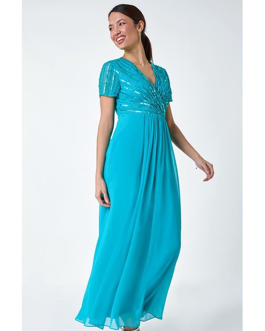 Roman Blue Sequin Embellished Maxi Dress