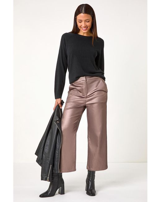 Roman Black Metallic Coated Wide Leg Cropped Trouser