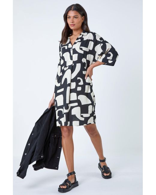 Roman White Abstract Pocket Detail Cocoon Shirt Dress