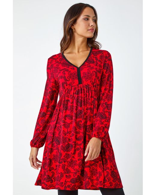 Roman Red Floral Print Stretch Jersey Dress
