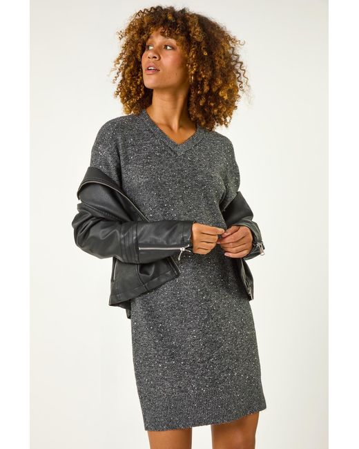 Roman Gray Sequin Detail Stretch Jumper Dress
