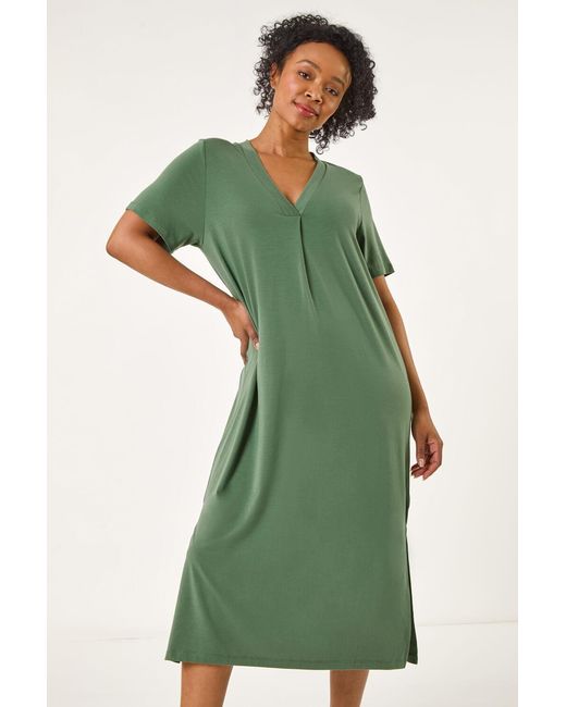 Roman Petite Green V-Neck Stretch Midi Dress