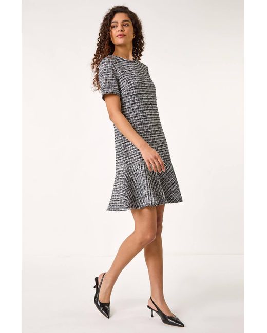 Roman Gray Textured Frill Hem Stretch Dress