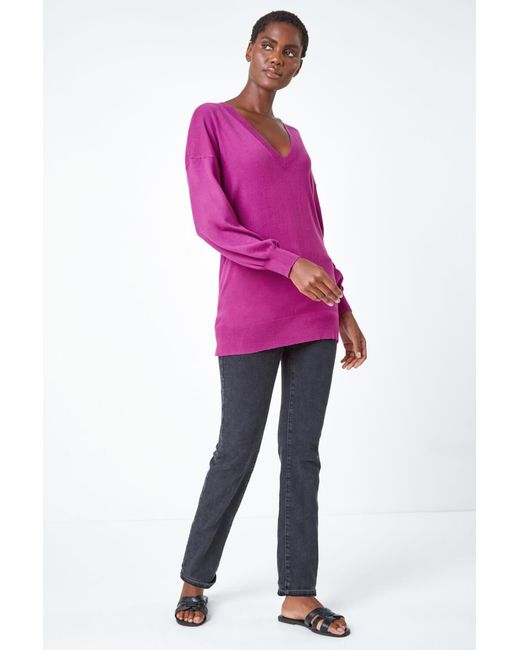 Roman Pink Stretch V-Neck Longline Jumper