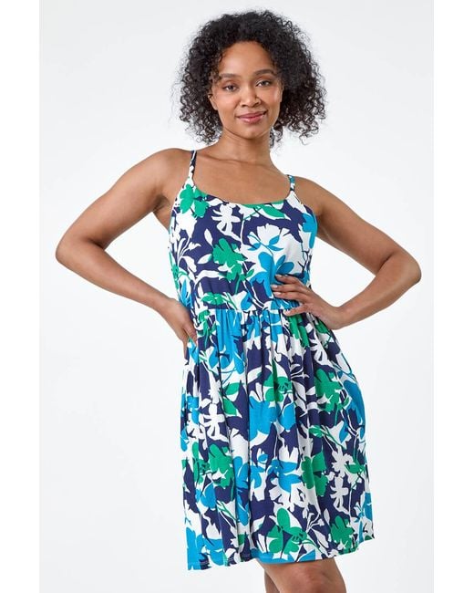 Roman Petite Blue Leaf Print Stretch Pocket Dress