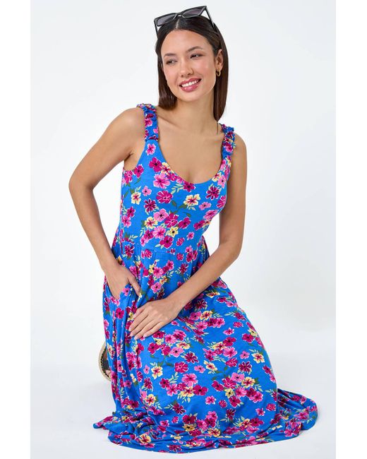 Roman Blue Floral Shirred Strap Midi Dress