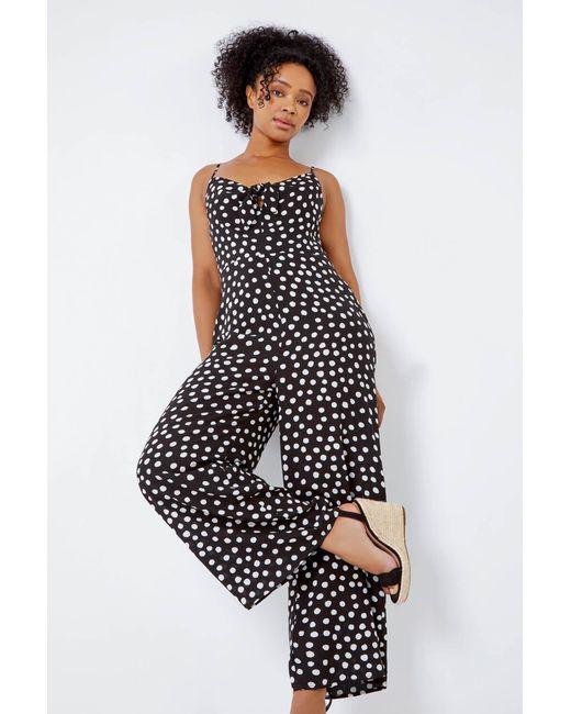 Roman Petite Black Full Length Polka Dot Jumpsuit