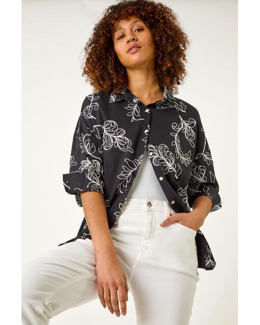 Roman Black Embroidered Floral Cotton Shirt