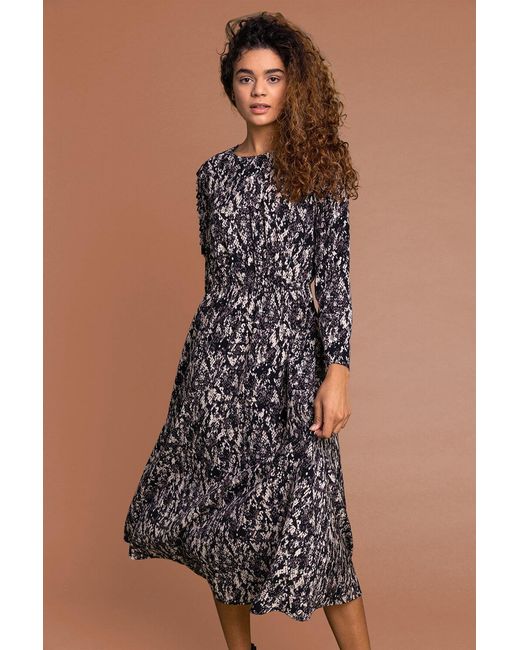 Roman Multicolor Snake Print Shoulder Frill Midi Dress