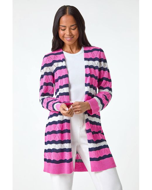 Roman Petite Purple Stripe Pointelle Knit Cardigan