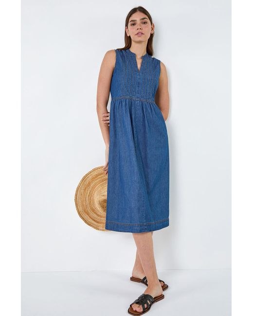 Roman Blue Sleeveless Cotton Denim Midi Dress