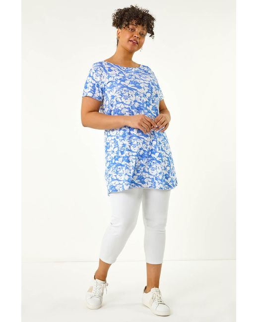 Roman Curve Blue Bardot Floral Stretch Top