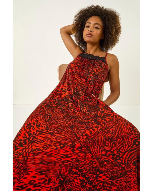 Roman Red Abstract Print Trim Detail Midi Dress