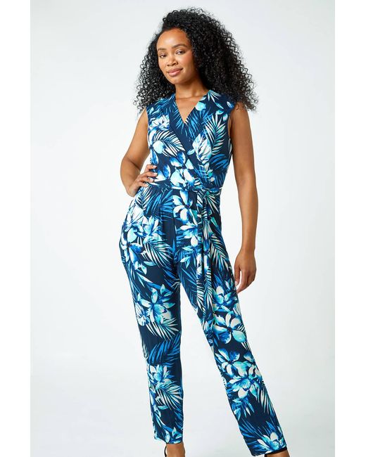 Roman Petite Blue Tropical Tie Waist Stretch Jumpsuit