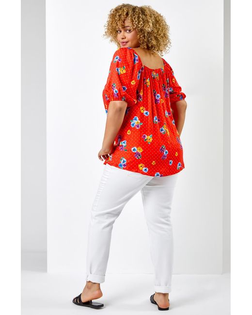 Roman Curve Red Spot Floral Print Sweetheart Neck Top