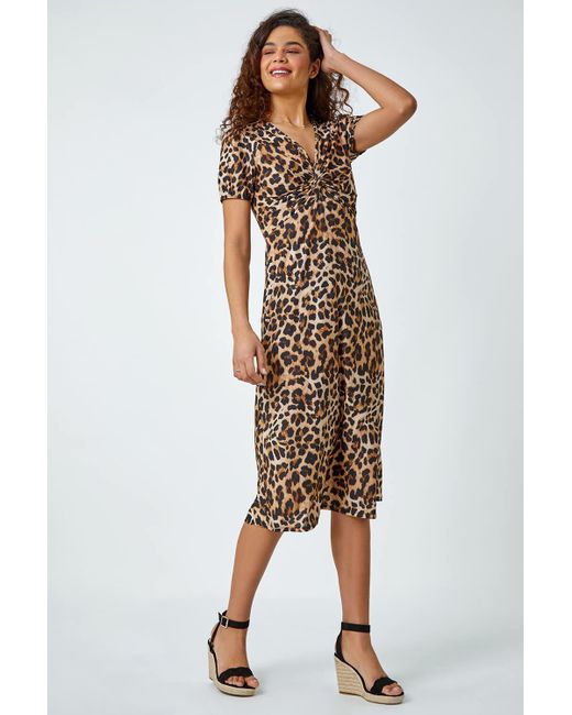 Roman Natural Leopard Print Twist Front Stretch Midi Dress