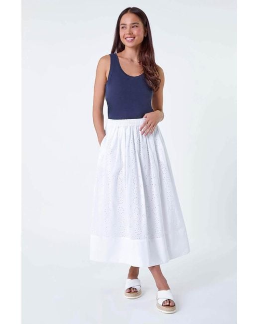 Roman White Petite Cotton Broderie Midi Skirt