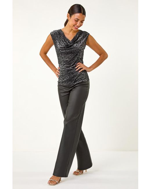 Roman Black Velvet Burnout Cowl Neck Stretch Top