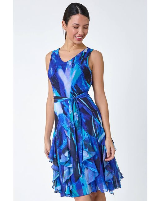 Roman Blue Abstract Print Frill Detail Dress