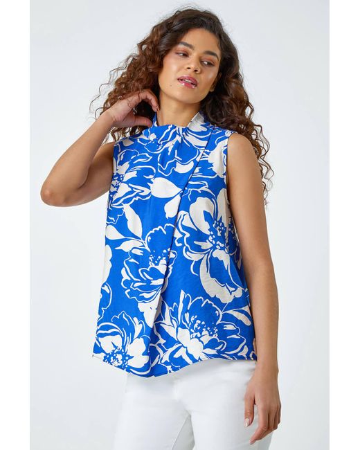 Roman Blue Floral High Neck Wrap Vest Top