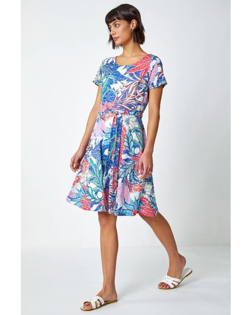 Roman Blue Tropical Burnout Print Belted Skater Dress