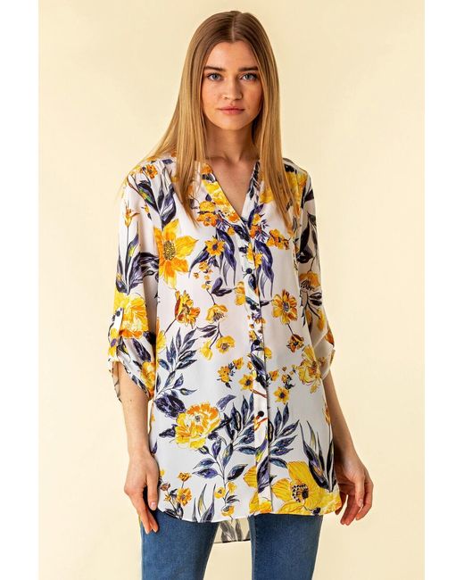 Roman Yellow Floral Button Through Tunic Blouse