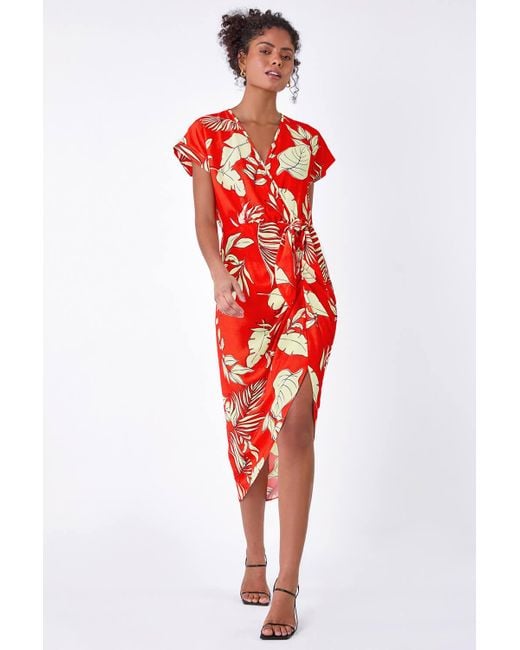 Roman Red Dusk Fashion Floral Wrap Tie Detail Dress