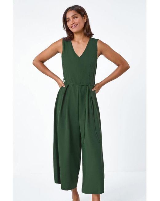 Roman Green Sleeveless Wide Leg Culotte Jumpsuit