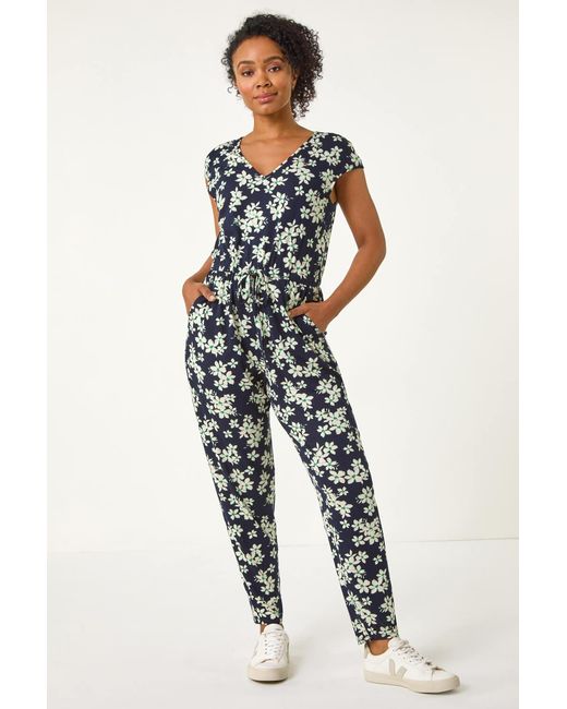 Roman Petite Blue Floral Print Tie Stretch Jumpsuit