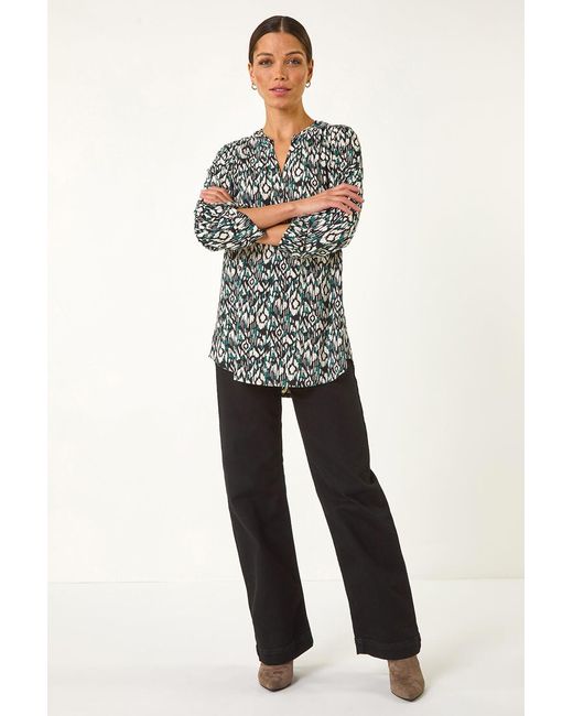 Roman Blue Aztec Print V-Neck Stretch Blouse