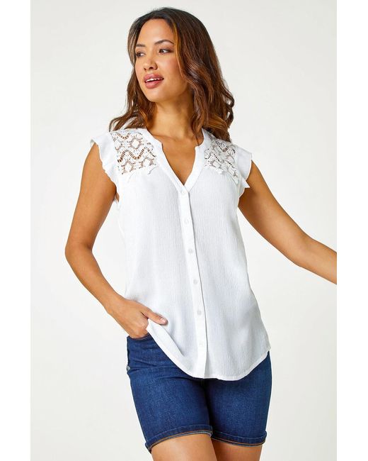 Roman White Sleeveless Lace Detail Blouse