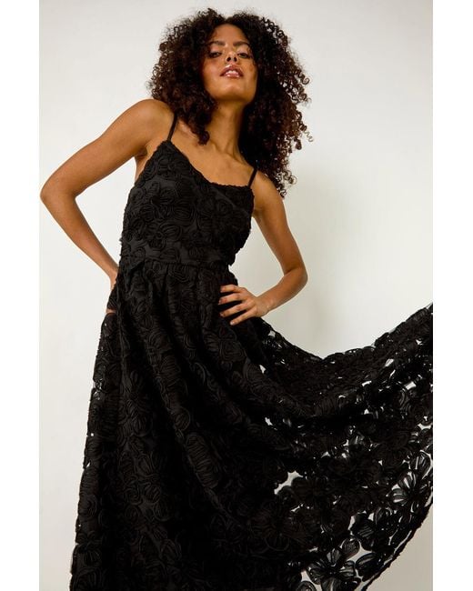 D.u.s.k Black Floral V-Neck Strap Midi Dress