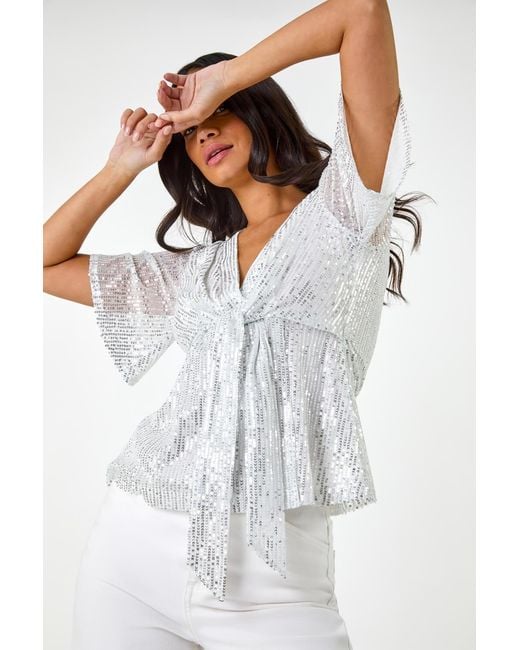 D.u.s.k White Sequin Tie Front V-Neck Top