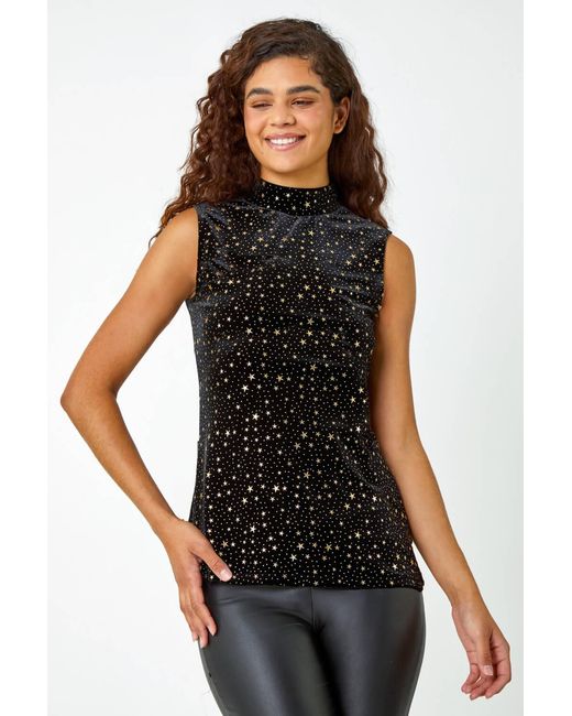 Roman Black Velvet Star Print Polo Neck Stretch Top