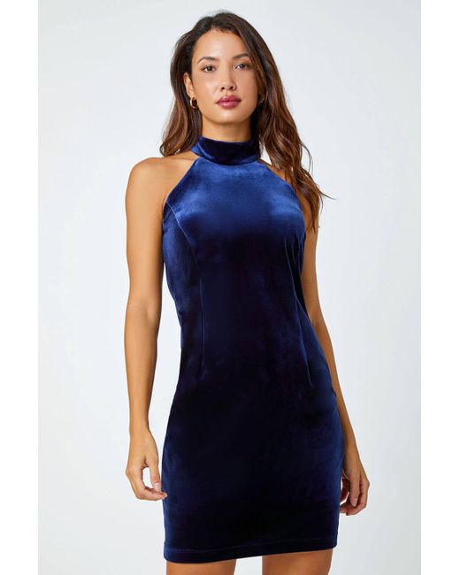 Roman Blue Halter Neck Velvet Stretch Dress
