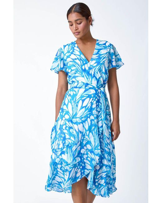 Roman Blue Butterfly Print Chiffon Wrap Dress