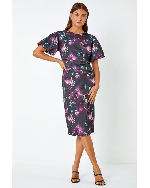 Roman Blue Floral Puff Sleeve Ruched Stretch Dress