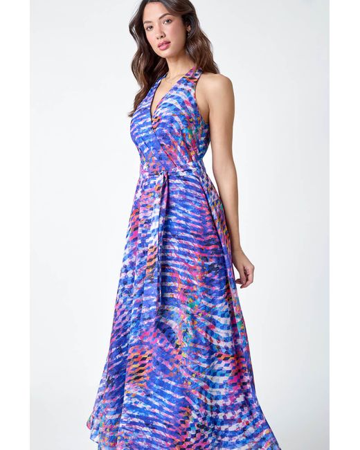 Roman Blue Abstract Print Halterneck Maxi Dress