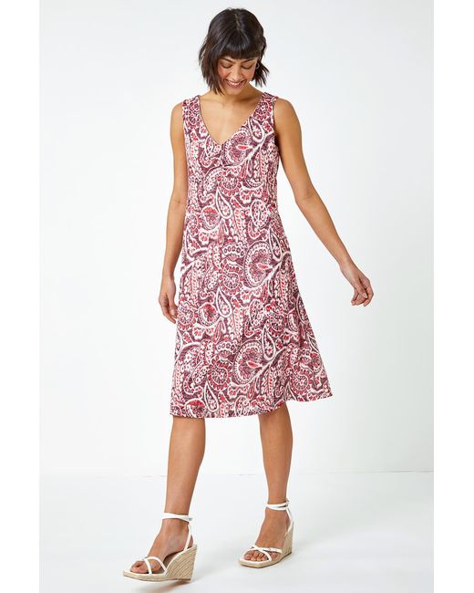 Roman Red Sleeveless Paisley Print Stretch Dress