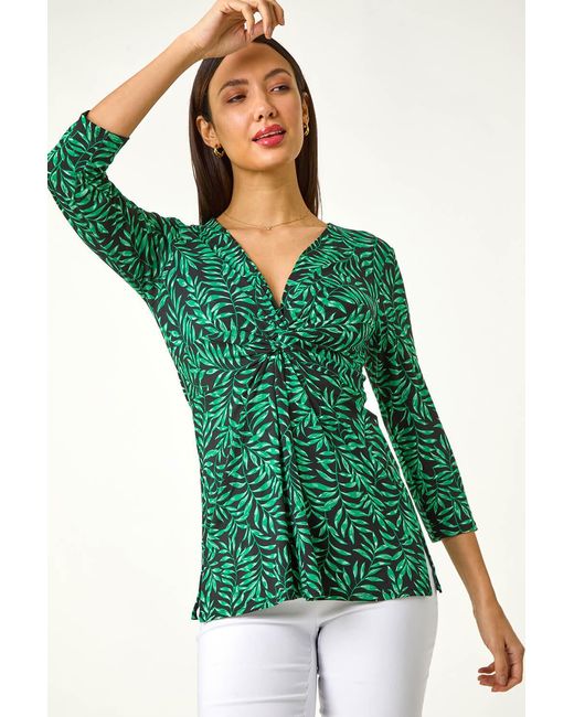 Roman Green Leaf Print V-Neck Twist Front Top